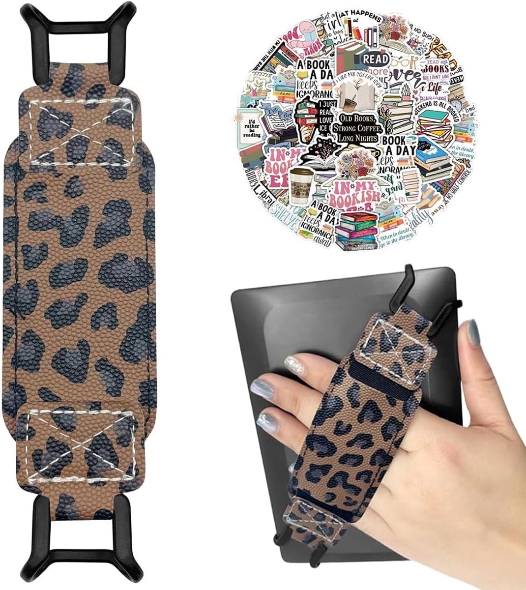 Handstrap voor E-readers met Elastische Band en Luipaardpatroon, Inclusief 50 Gratis Leestickers - Ideaal voor Kindle Paperwhite en Fire Tablet