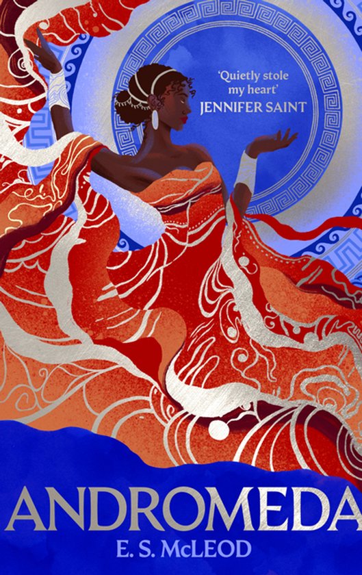 Livre 'Andromeda' avec une image d'une femme dans une robe rouge, orange et argentée. 'Quietly stole my heart' JENNIFER SAINT.