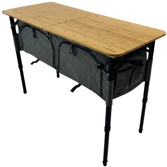 EveBase Flex 120 - Campingkast - Inklapbare Campingtafel met Opbergruimte - Verstelbaar - Bamboe - Grijs/Zwart — afbeelding 3