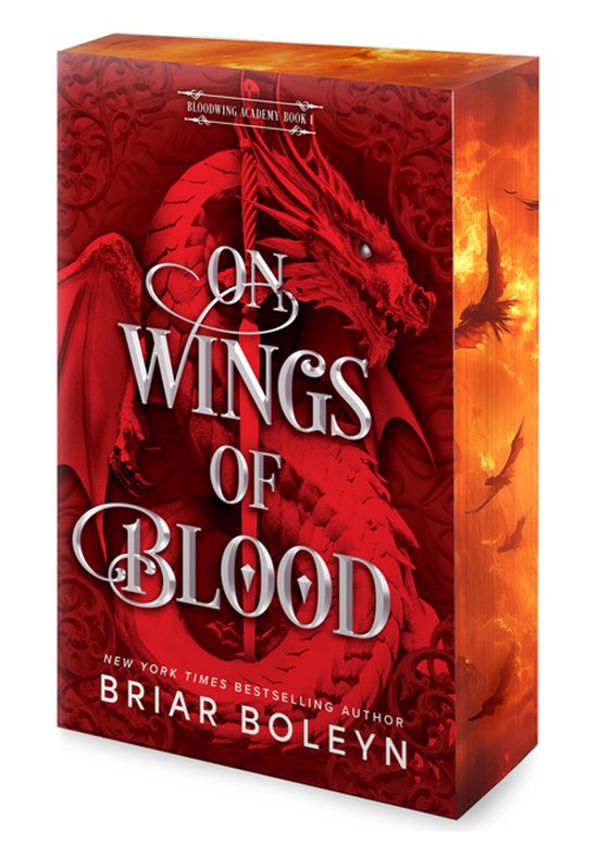Livre "On Wings of Blood" avec une tête de dragon rouge et des ailes, "Bloodwing Academy Book I" et "Briar Boleyn" en argent.