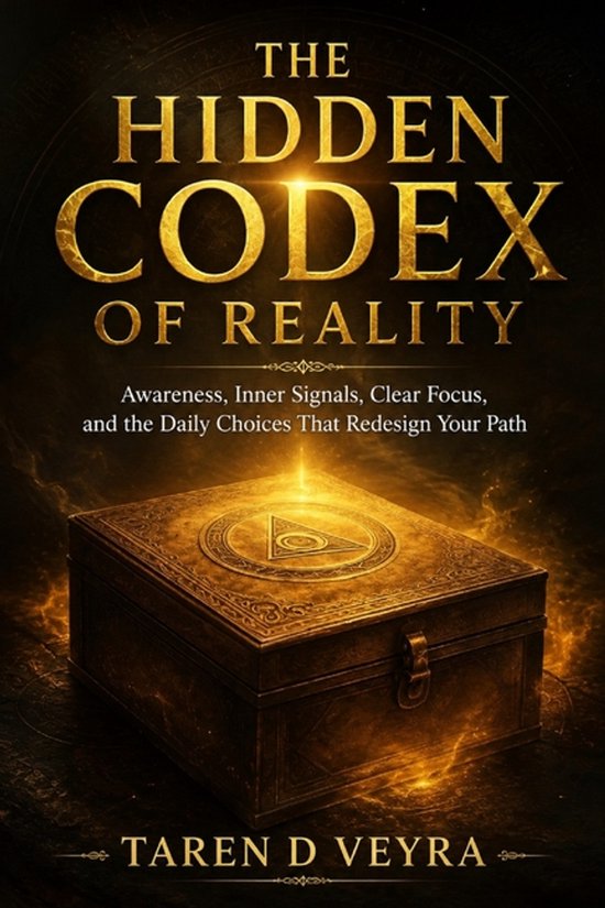 Livre 'The Hidden Codex of Reality' avec une boîte dorée ornée d'un symbole triangulaire.