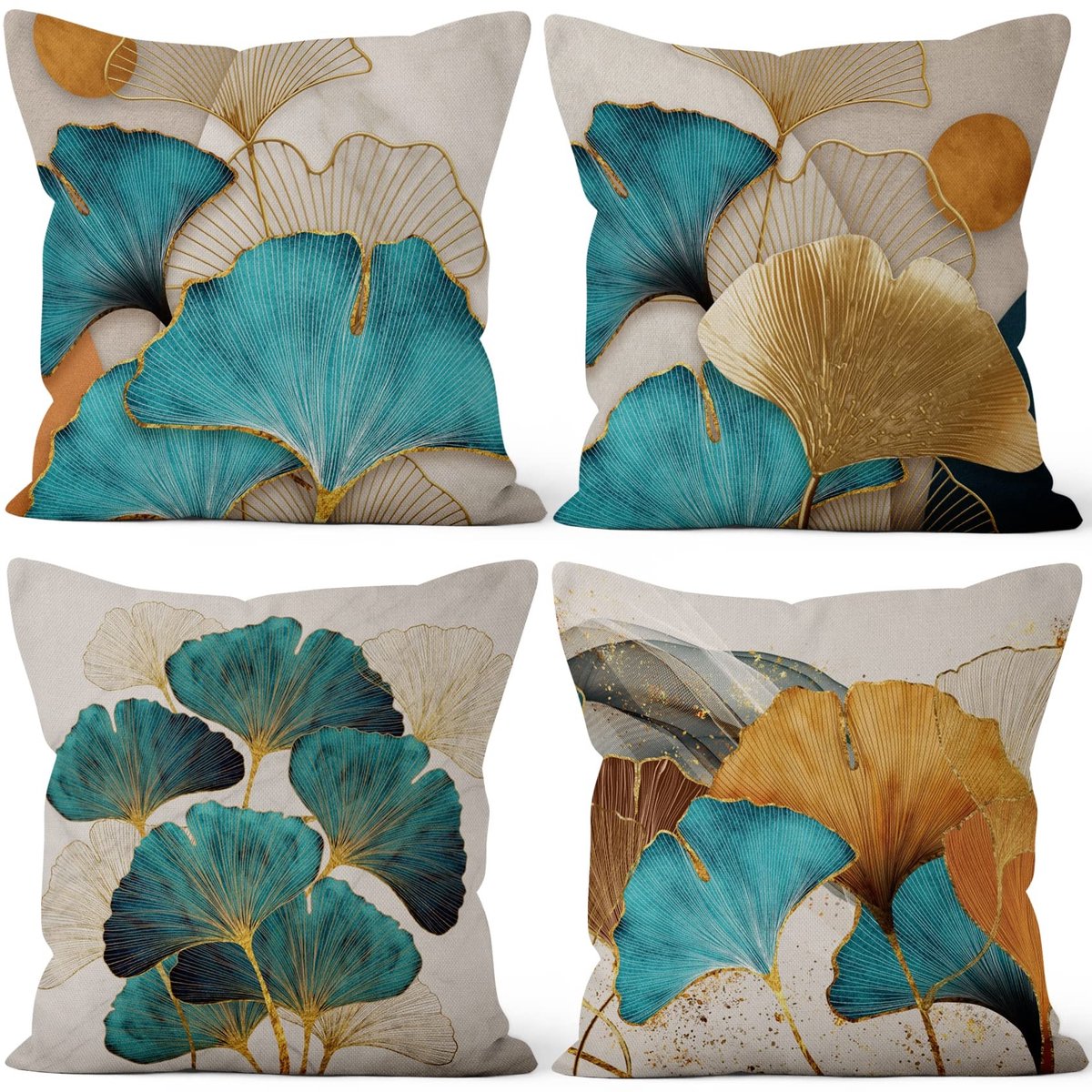 Omgoods - Set van 4 Kussenhoezen met Groene en Gouden Bladeren 41x41cm