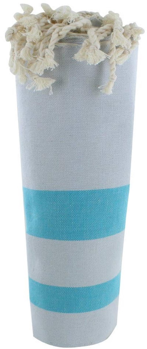 Omgoods - Fouta Badhanddoek Katoen Beige met Turquoise Strepen 100x200 cm