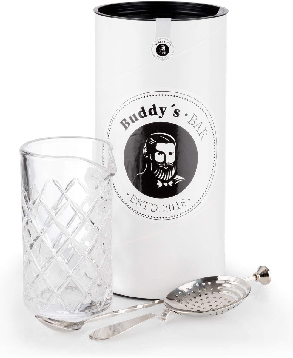 Buddy's Bar 66061 cocktail roerset - mixing set met 500 ml mengglas - barlepel 27 cm en strainer - zilver