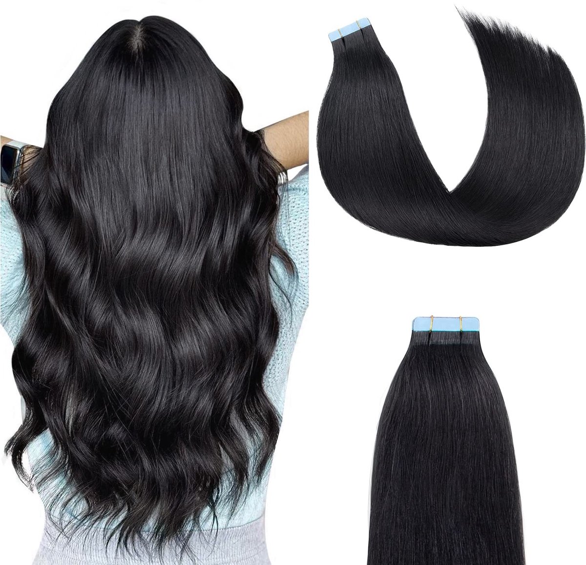 Omgoods - Tape Extensions 100% Remy Human Hair 20inch Jet Black - 20pcs 50g Seamless Skin Weft