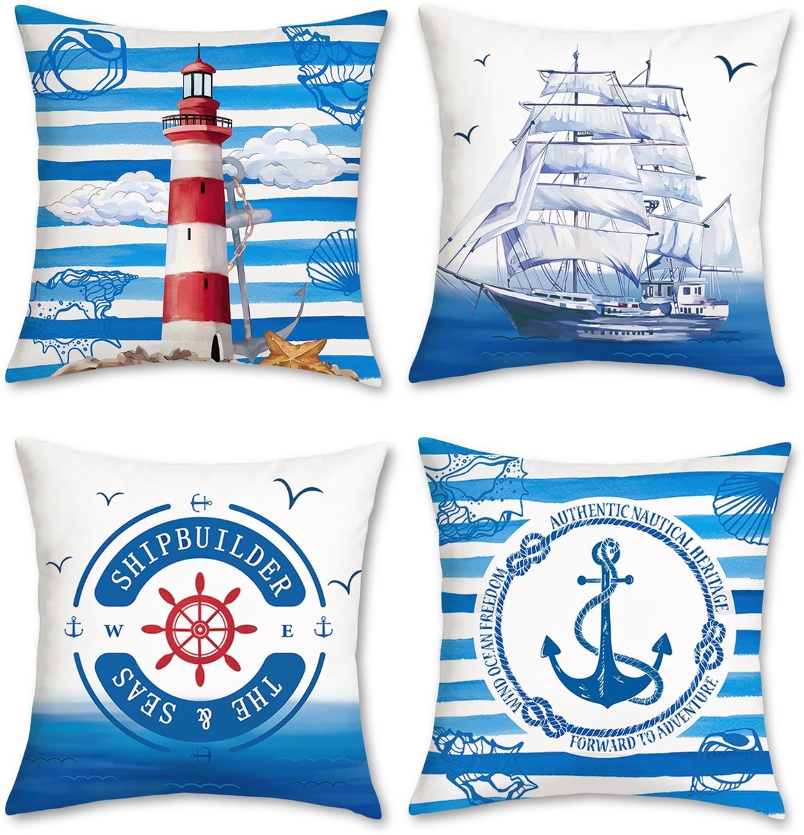 Omgoods - Set van 4 Nautische Kussenhoezen 45 x 45 cm voor Binnen en Buiten