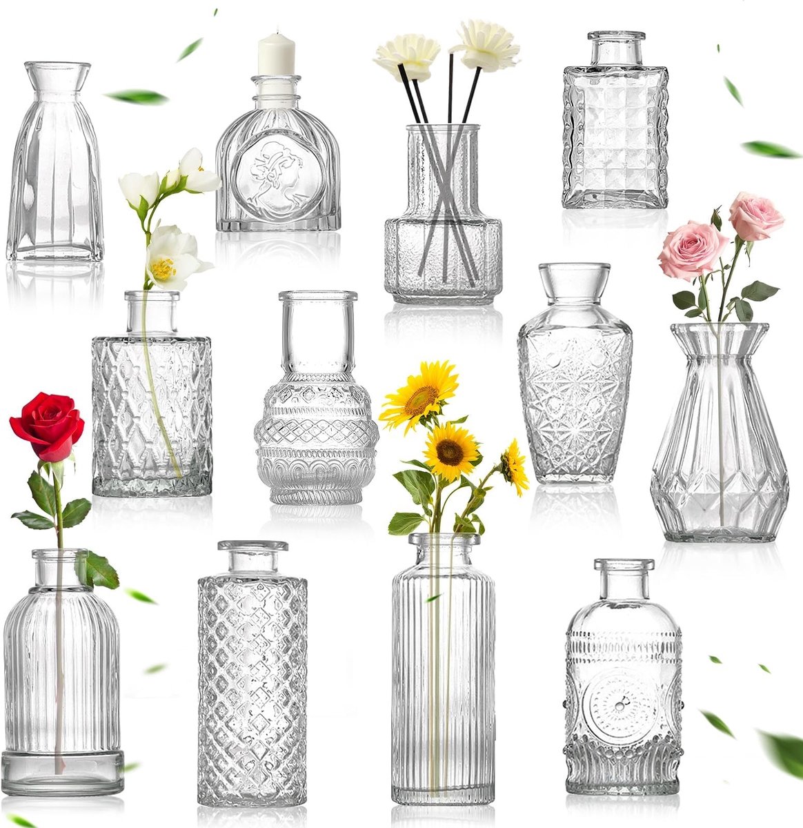 Omgoods - Set van 12 Mini Glazen Vazen, Vintage Stijl voor Tafelcentra