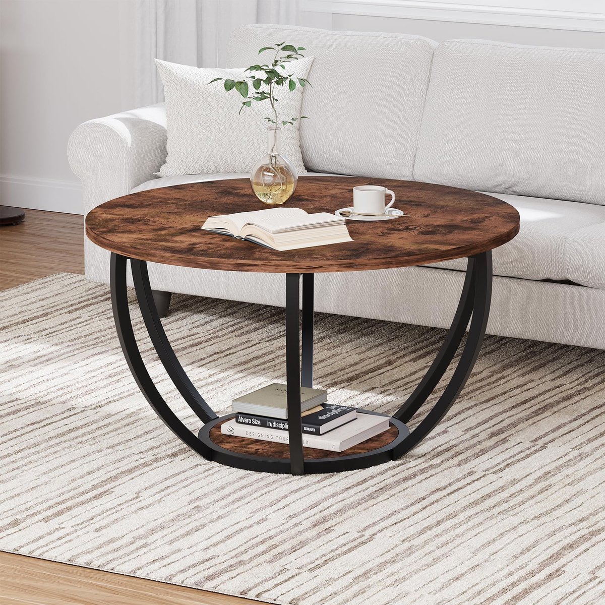Omgoods - Ronde Koffietafel met Opbergruimte, 2 Laags, Bruin