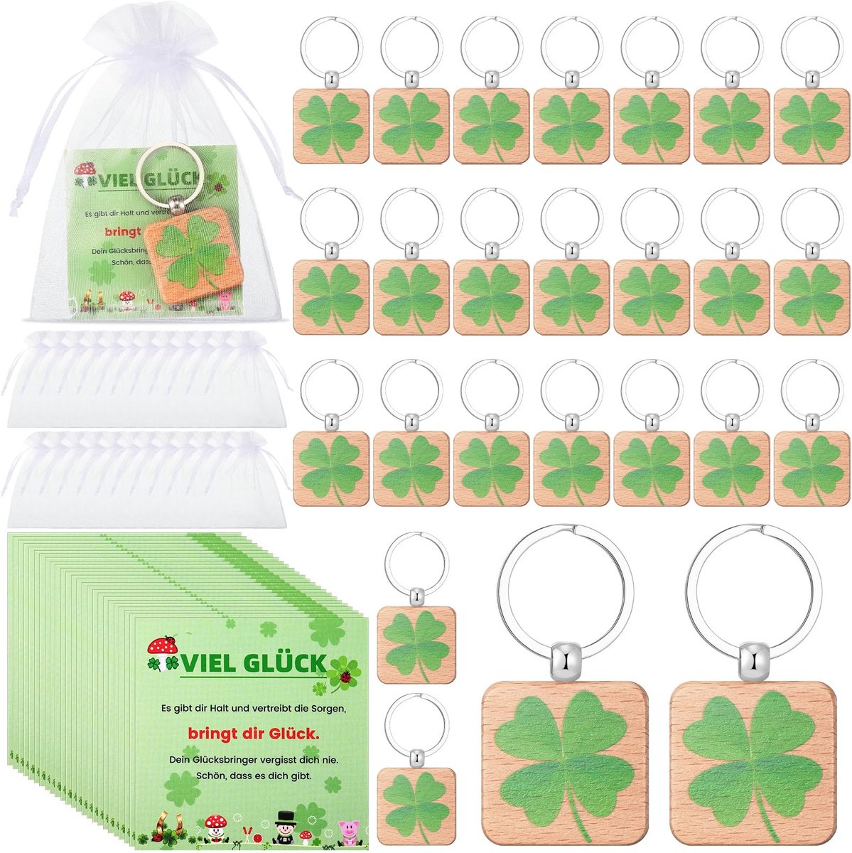 Omgoods - 24-Delige Giftset met Houten Klavertje Vier Sleutelhangers