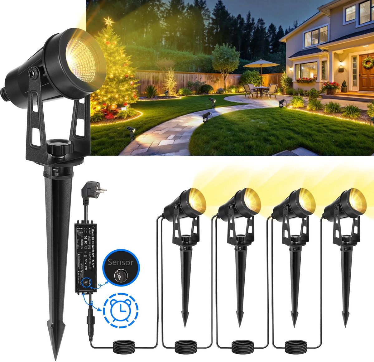 Omgoods - Set van 4 Tuinlampen met Grondpen en Timer