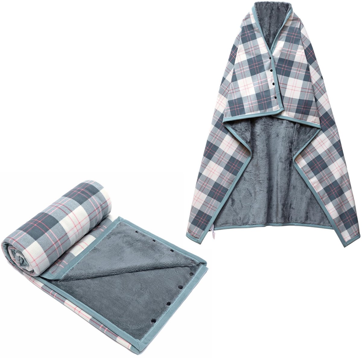 Omgoods - Dames Poncho Fleece Deken met Knopen en Ruitpatroon