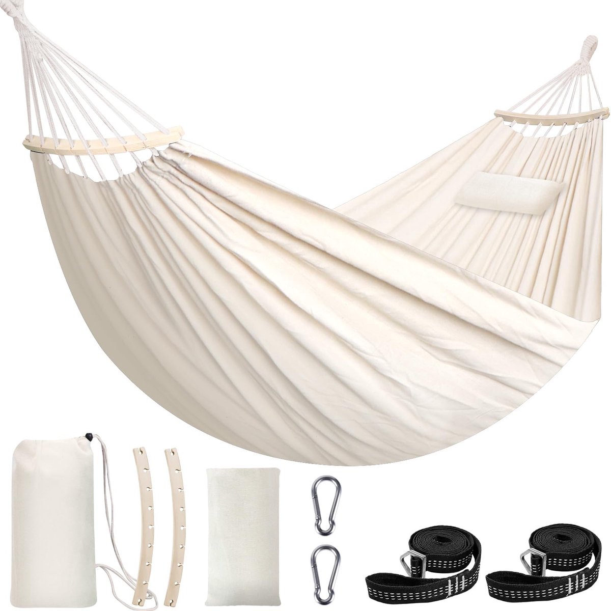 Omgoods - Katoenen Hangmat, Ademend, 300 x 150 cm, Tot 300 kg, Inclusief Kussens en Bevestiging