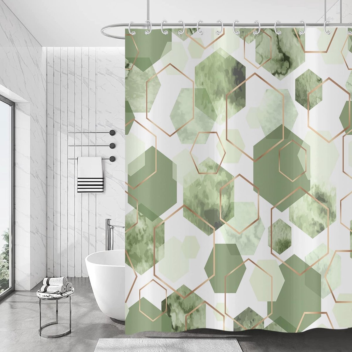 Omgoods - Sage Green Douchegordijn - Moderne Geometrische Hexagon Patronen, Waterdicht en Wasbaar