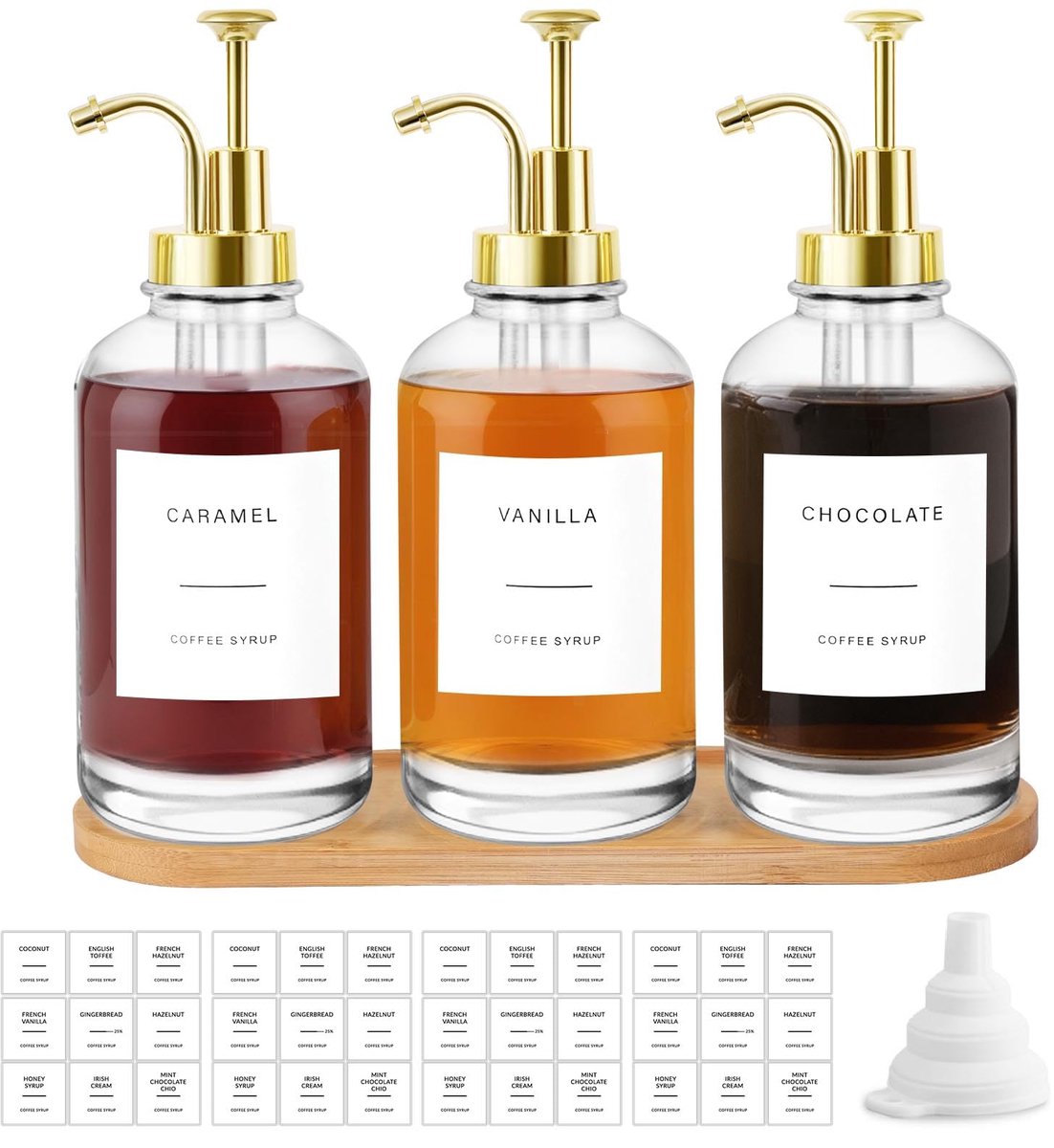 Omgoods- Siroopdispenser set van 3 - Glazen siroopfles 500 ml - Gouden pomp - Siliconen trechter - Waterdichte etiketten - Keukenaccessoires van voedselkwaliteit