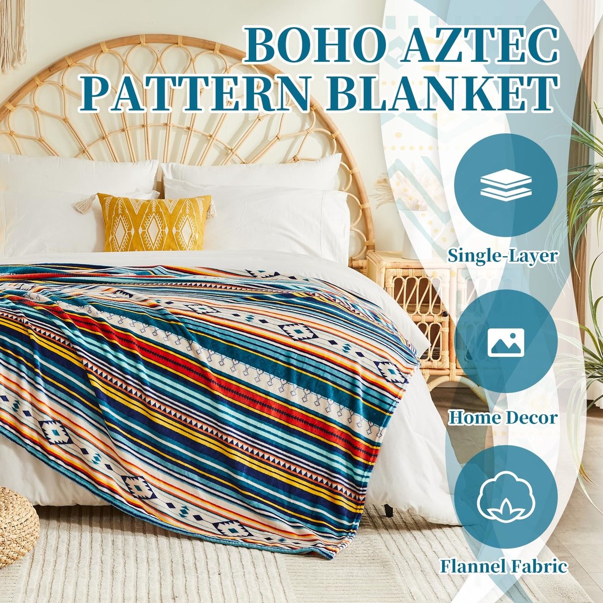 Omgoods- Fleece Deken Ultra Zacht - 150 x 200 cm - Boho Plaid - Blauwe Gestreepte Deken - Lichtgewicht - Flanel Materialen
