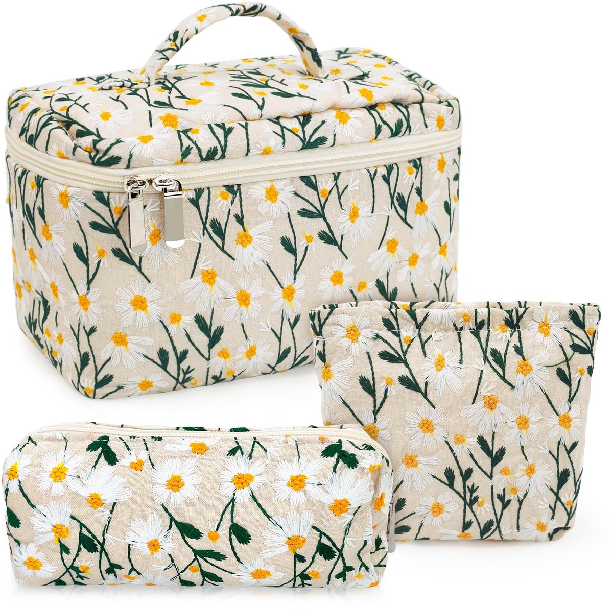 Omgoods - Set van 2 Cosmetica Tassen met Daisy Borduursel - Perfect voor Reizen
