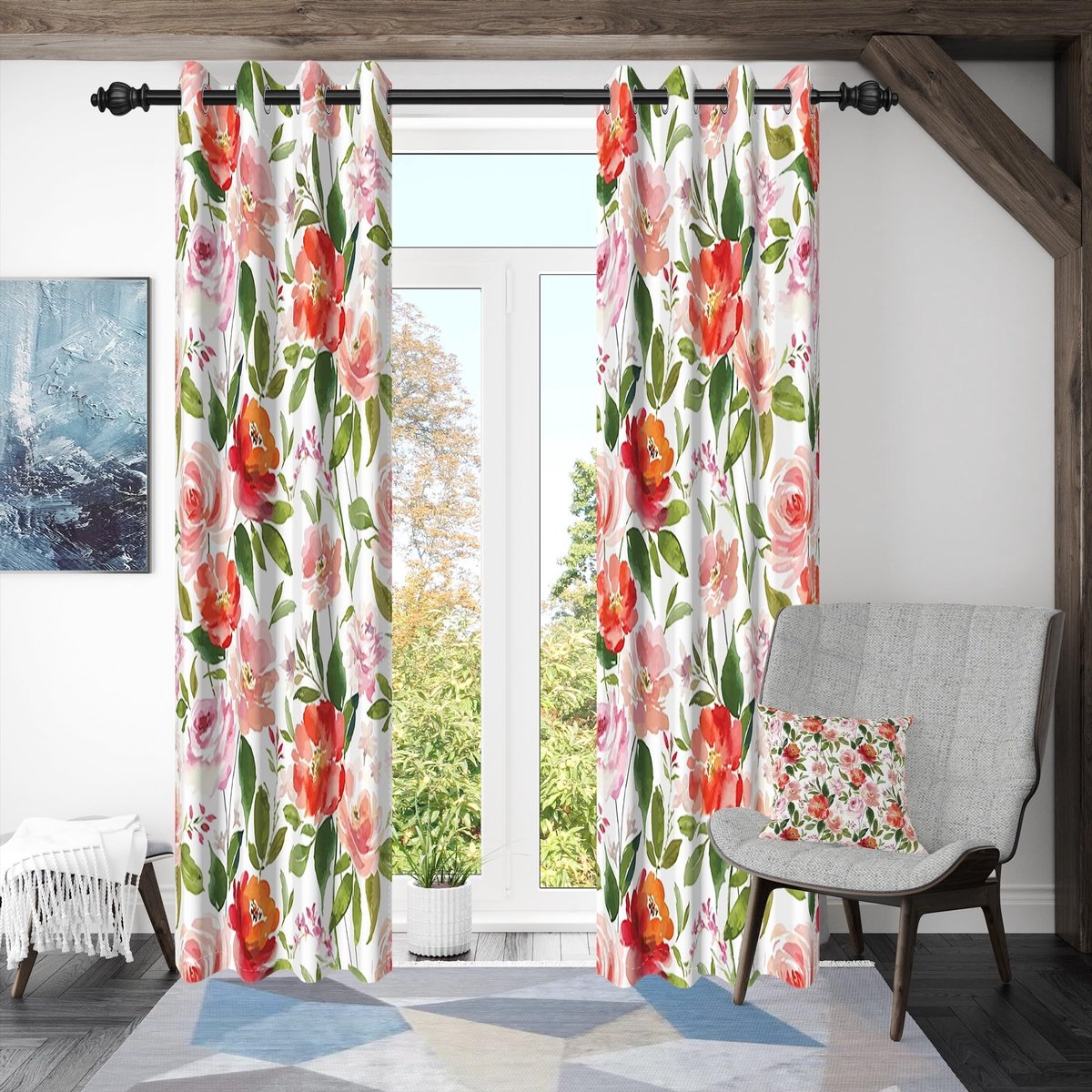 Omgoods - 2 Panels Oogjes Gordijn met Bloemenprint voor Woonkamer