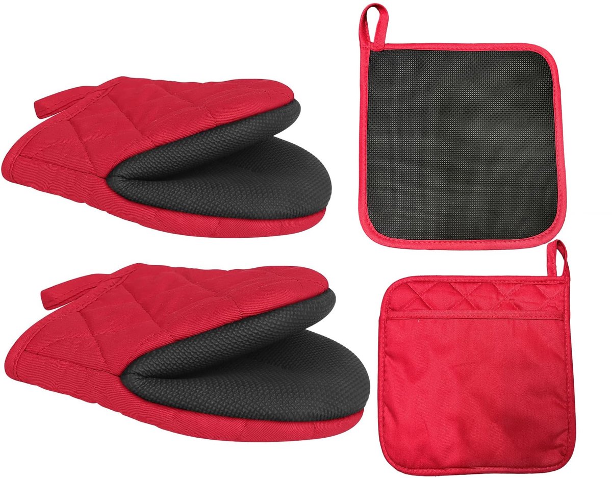 Omgoods - Hittebestendige Ovenwanten en Pannenlappen - Korte Katoenen Keukenhandschoenen Rood, 4 Stuks