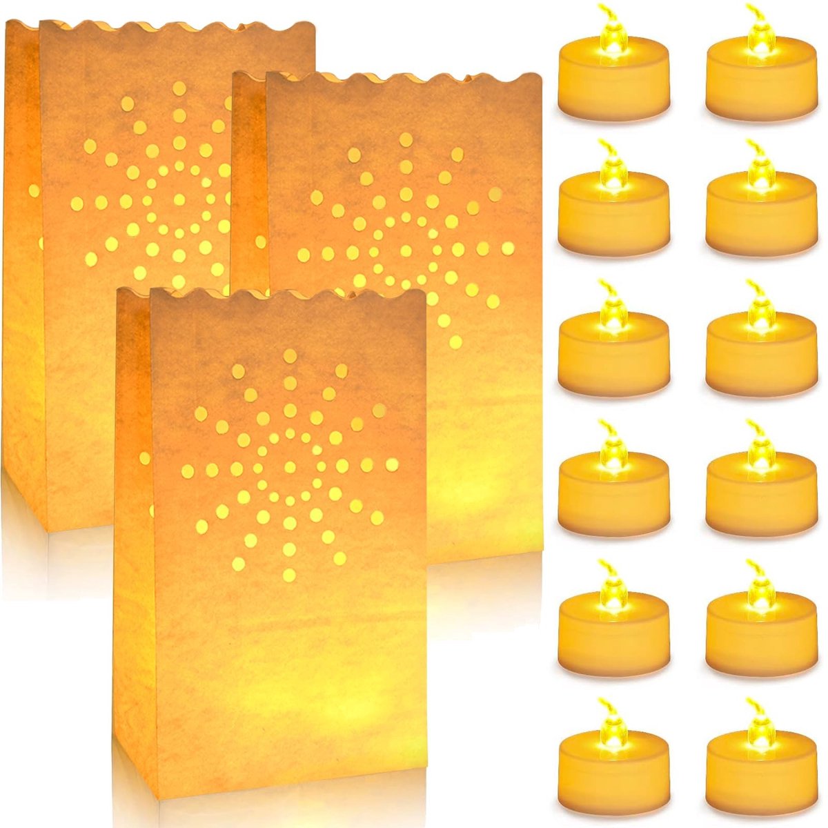 Omgoods - 12 LED Theelichten met Papieren Kaarsen Tassen