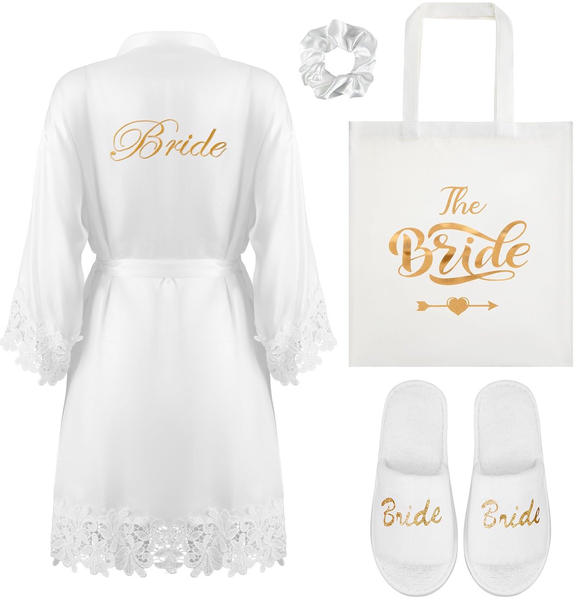 Omgoods - Set van 4 Geschenken voor de Bruid, Luxe Witte Satijnen Badjas en Pantoffels