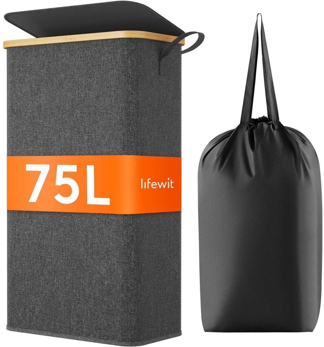 Omgoods - Smalle Wasmand met Deksel (75L, Donkergrijs)
