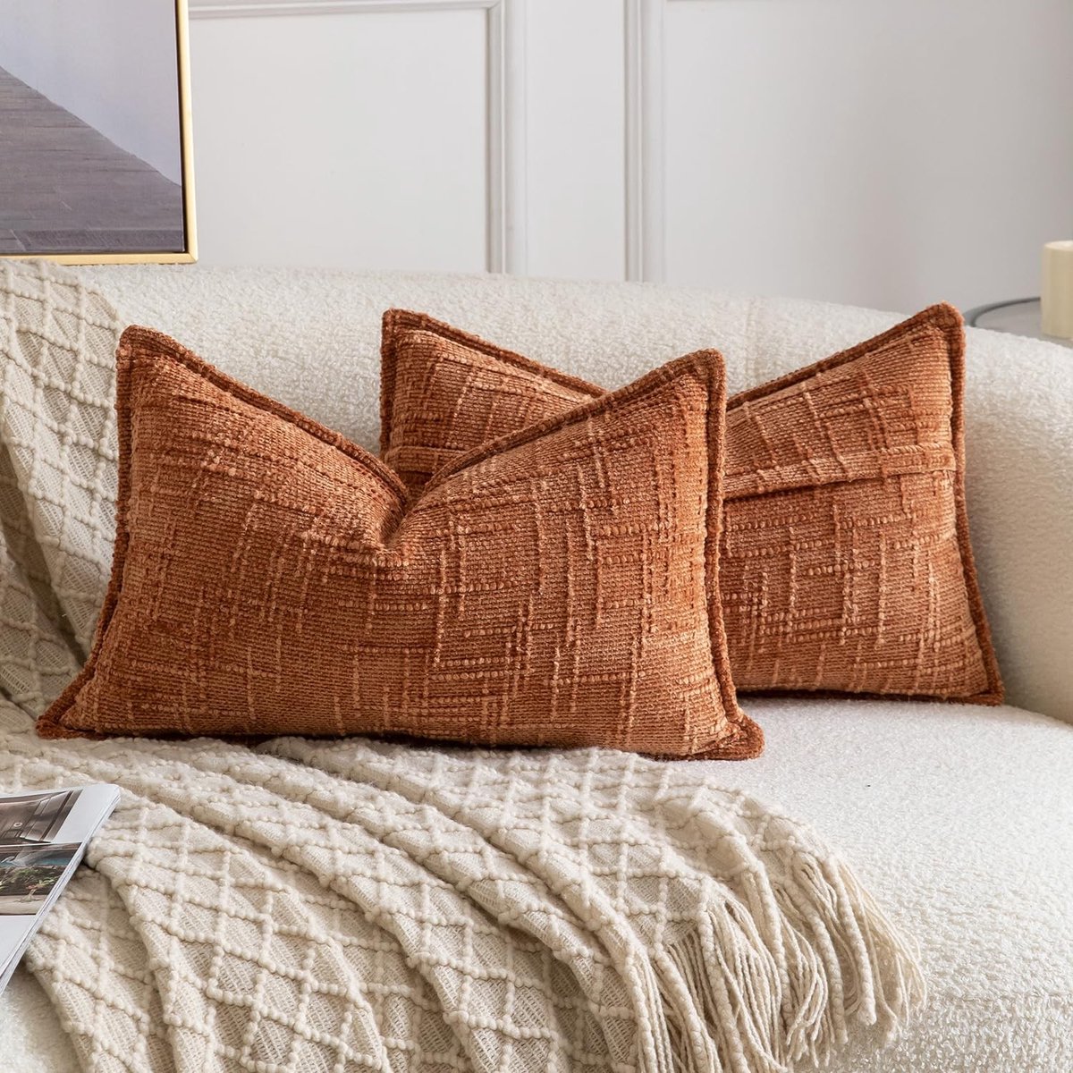 Omgoods - Set van 2 Chenille Kussenhoezen 30x50 cm Rustbruin voor Sofa