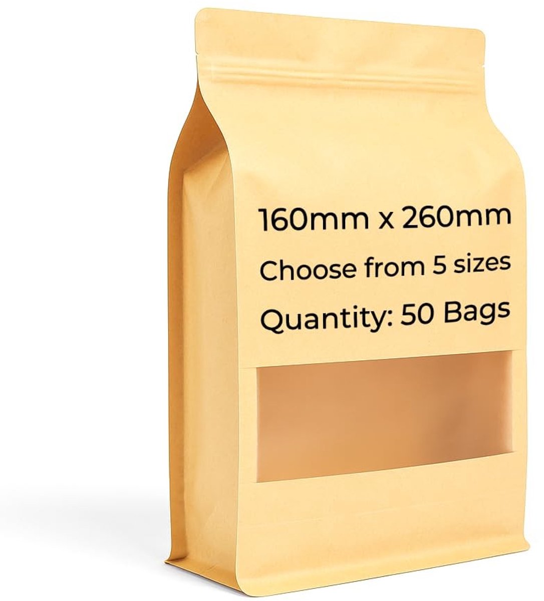 Omgoods - Kraft Voedselzakken, 50 Stuks, Met Venster en Rits