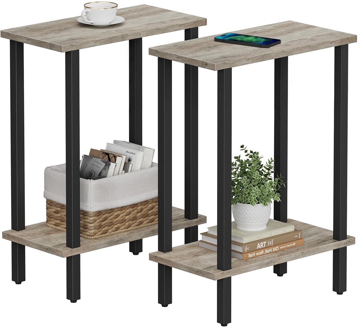 Omgoods - Smalle Side Table met 2-Lagen voor Woonkamer of Slaapkamer, Greige