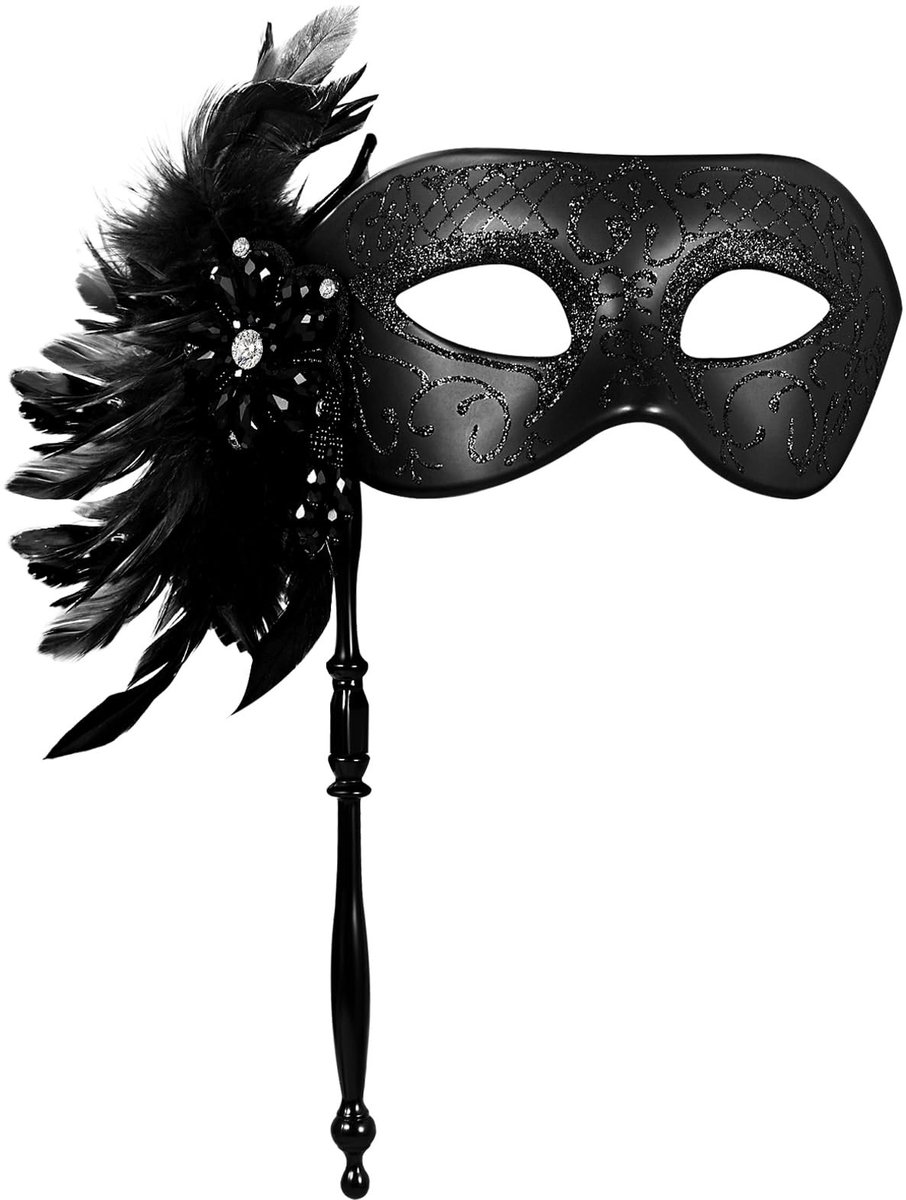 Omgoods - Elegante Zwarte Venetiaanse Masker met Veer