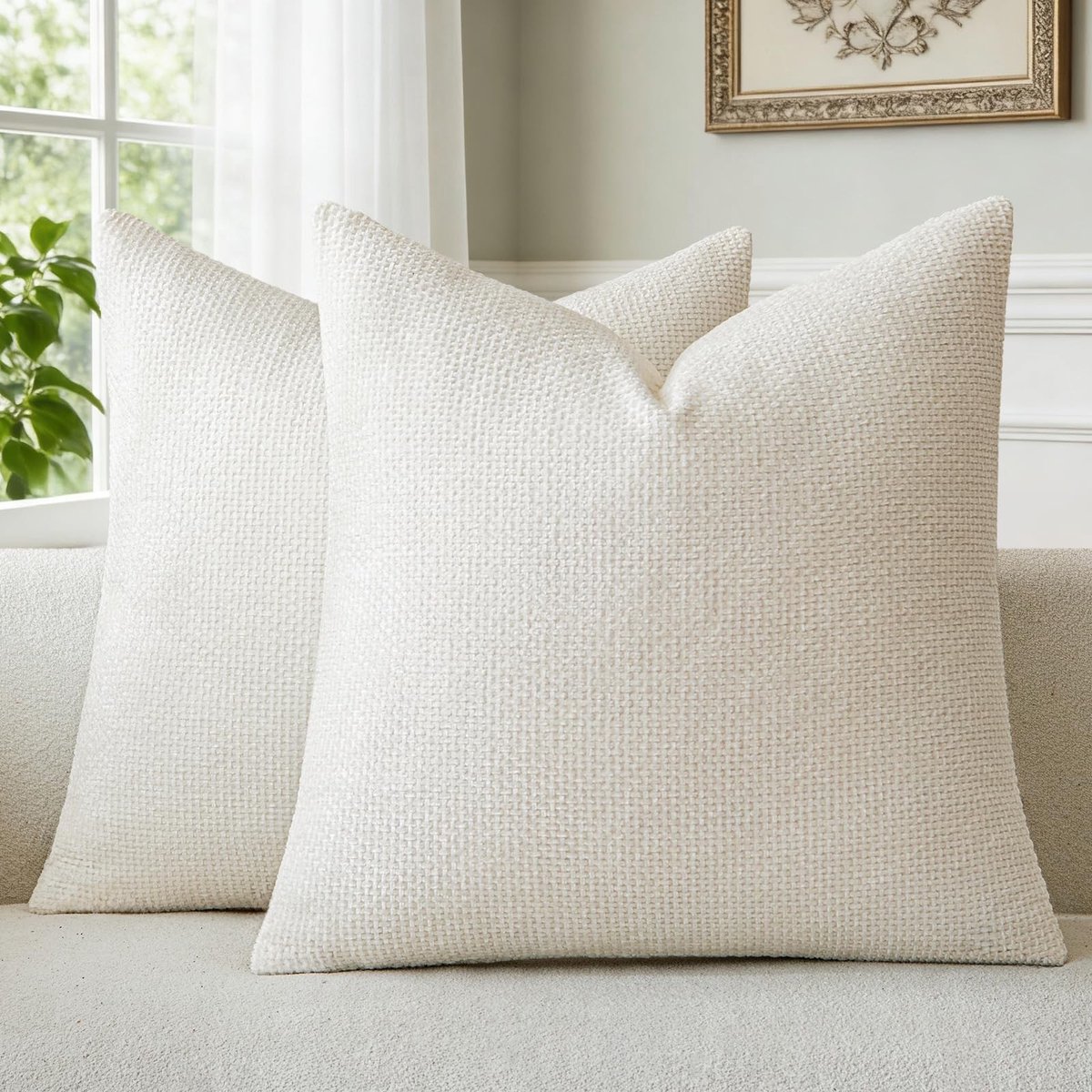 Omgoods - Set van 2 Chenille Kussenslopen Crème 45 x 45 cm Wasbaar en Zacht