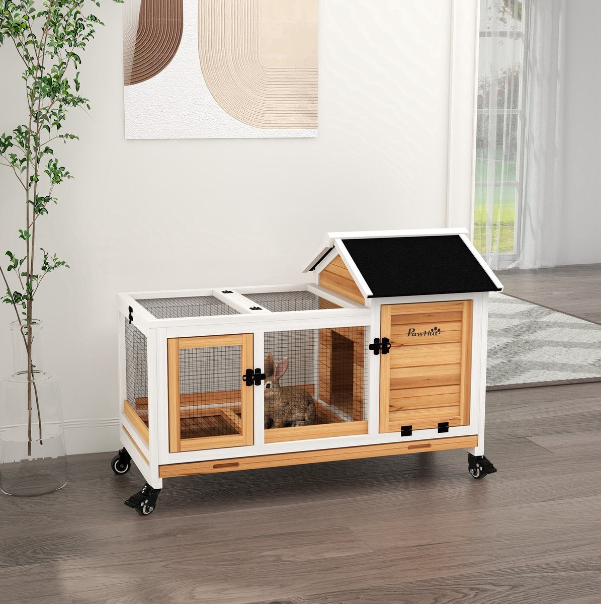COVREO Konijnenhok 108 x 58 x 73,5 cm, geel, hout met wielen en uitloop
