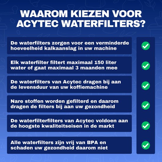 Waarom kiezen voor Acytec waterfilters? Minder kalkaanslag, gaat 150 liter/3 maanden mee, verlengt levensduur machine, filtert nare stoffen, voldoet aan kwaliteitseisen, BPA-vrij.
