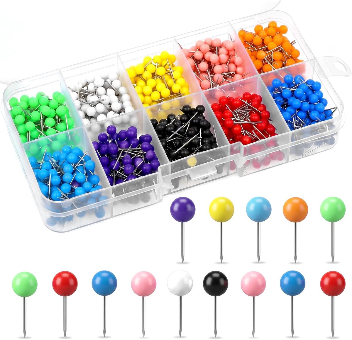 1000 stuks punaises, ronde kop, veelkleurige punaises, 3 mm, kleine punaises met kunststof parelkop, prikbordnaalden, pinspelden voor reiskaarten, knutselwerk, kantoorbenodigdheden