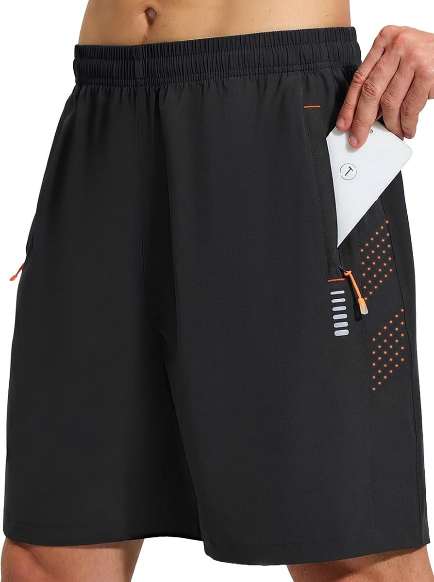 Sportbroek voor heren, korte hardloopbroek met ritsvak, sneldrogend, ademend, licht, voor sport en gym