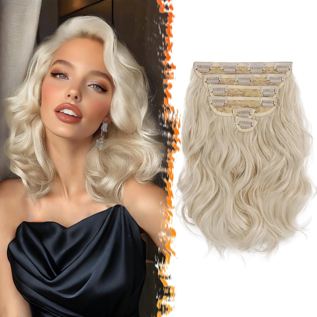 DAR Clip-in extensies, golvend blond, 30 cm, 6 stuks, dik, synthetisch haar, voor het hele hoofd