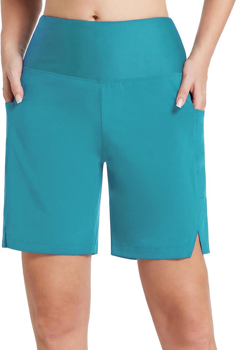 Shorts voor dames, lang, knielang, sneldrogend, uv-bescherming, UPF 50+, zwembroek, hoge taille, boardshorts met binnenslip en zakken