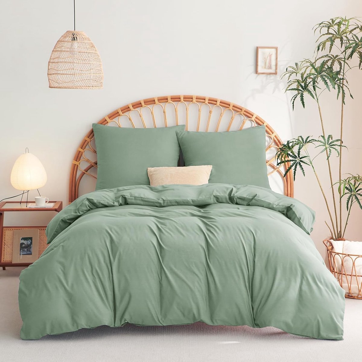 Beddengoed 220 x 240 cm, 3-delig, saliegroen, dekbedovertrek 220 x 240 cm met kussenslopen 65 x 65 cm, beddengoedset van microvezel, met ritssluiting, zacht en strijkvrij
