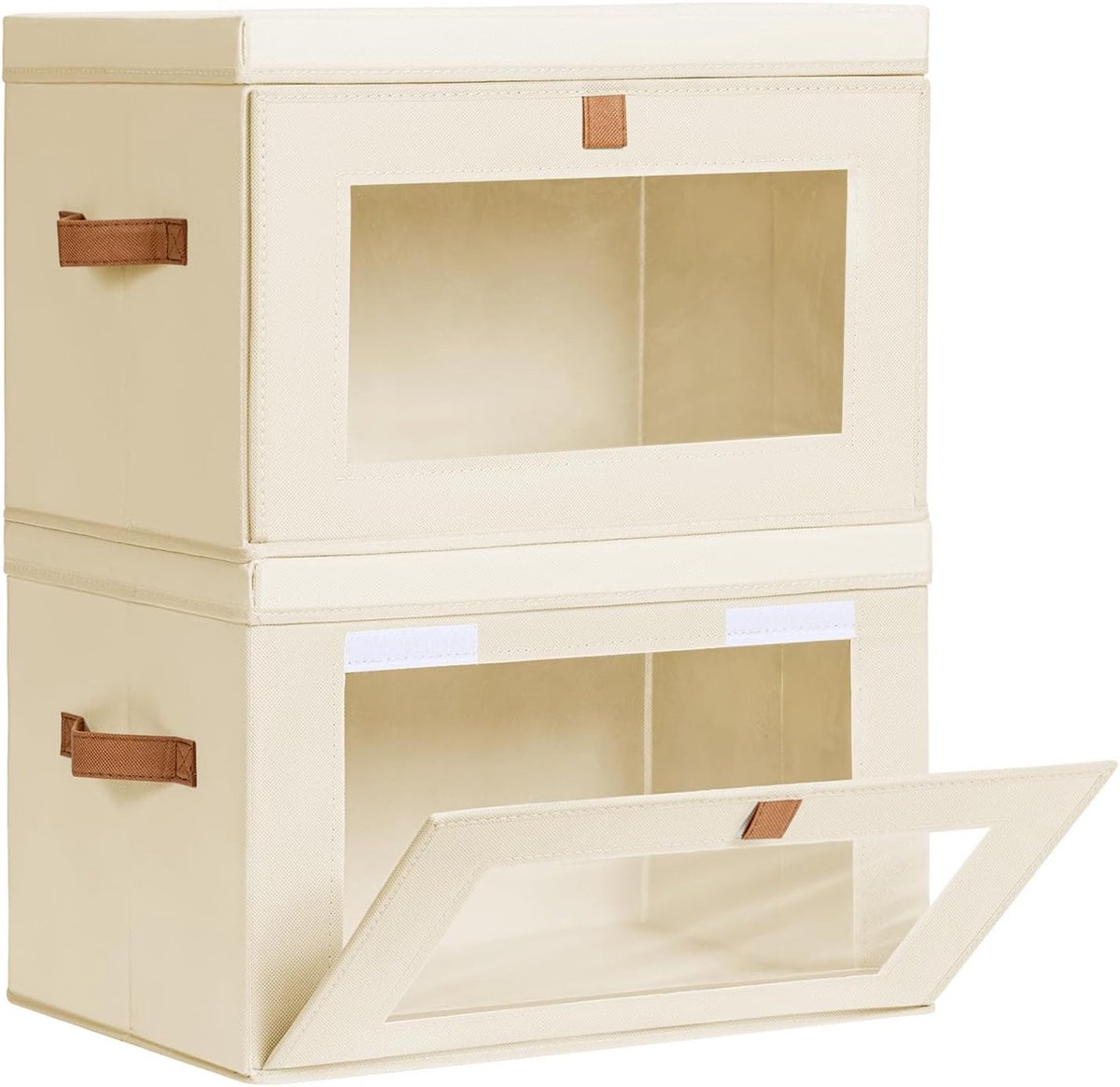 Grote opbergorganizer voor kast - opvouwbare opbergbakken met handgrepen en raam, decoratieve opbergdozen met deksels, stoffen opbergcontainers voor woonkamer, slaapzaal, set van 2, beige