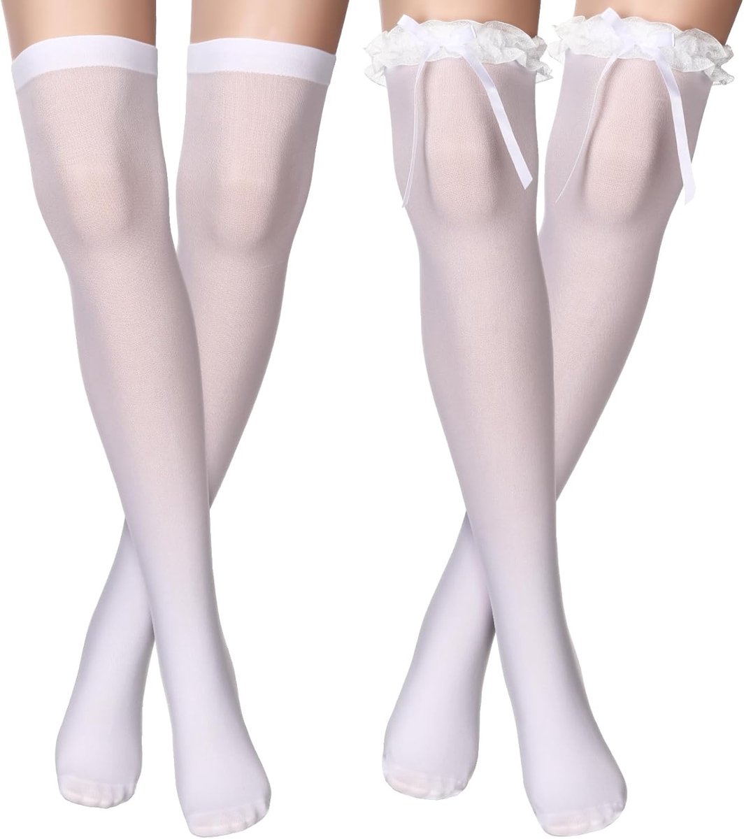 2 paar halterloze kousen, witte kousen, hoog tot aan de dijen, lange kniekousen voor dames