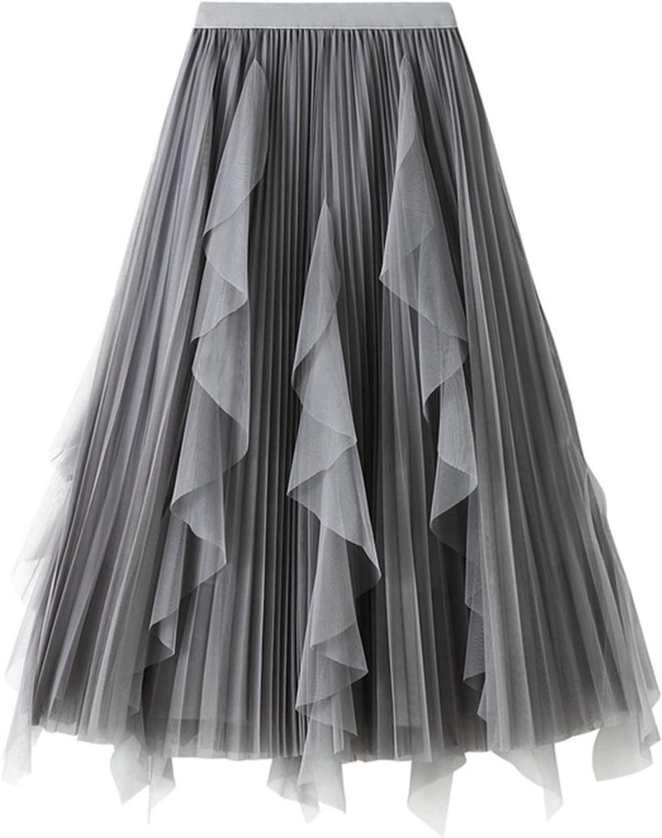 tutu voor dames, tule rok met elastische hoge taille, gelaagde mesh balletrok, midi, kuitlange plooirok met A-lijn voor bruiloft, feest, bal, C-grijs, Eén Maat
