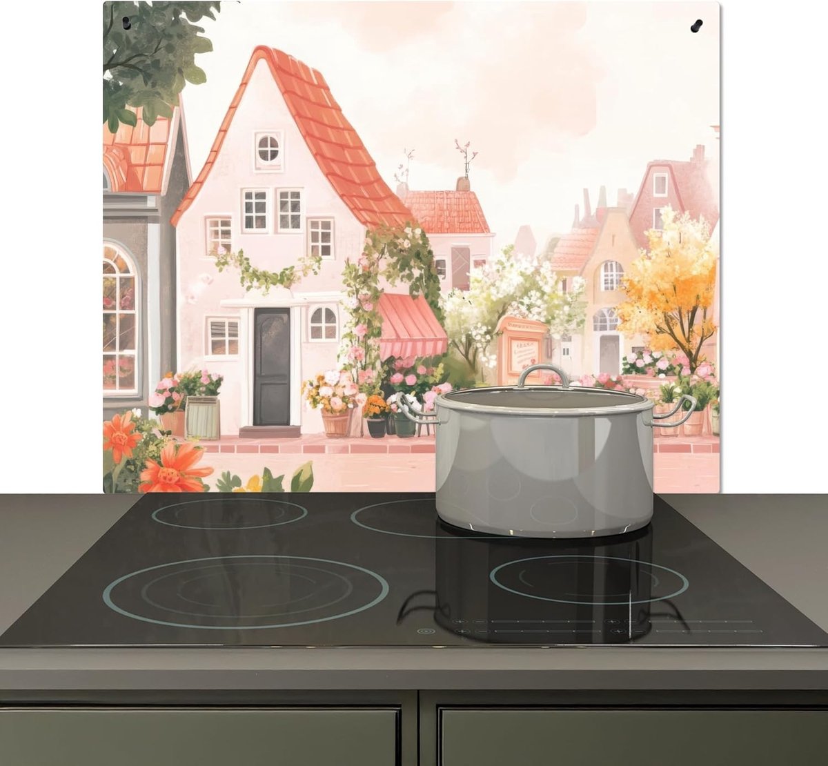 Spatscherm Keuken 52x65 cm Kookplaat Achterwand Beschermer Muur Spatwand Fornuis Aluminium Hittebestendig - Bloemen - Huizen - Dorp