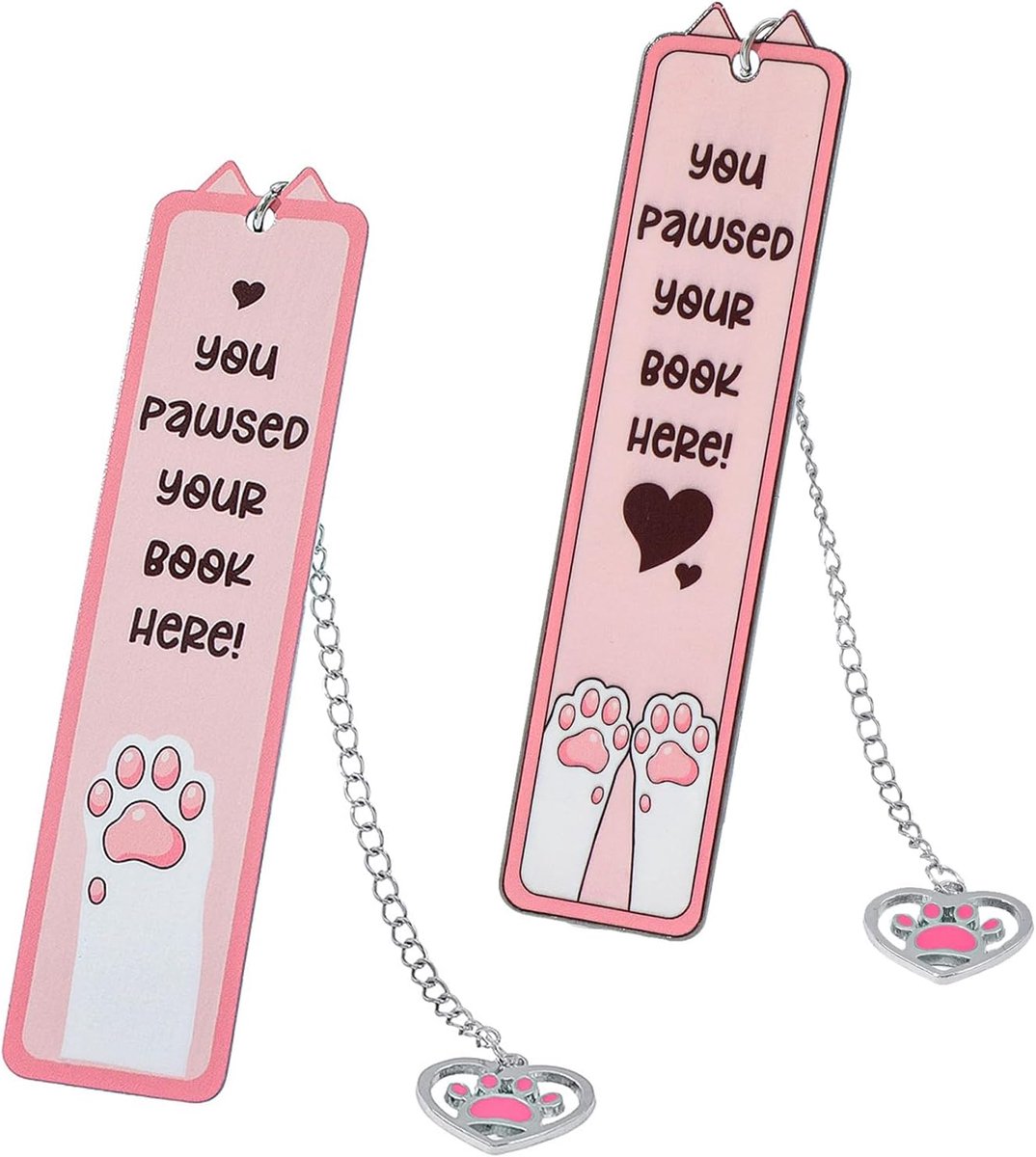2 stuks Roze Kat boekenlegger van roestvrij staal, metalen boekenlegger met ketting en pootjeshang, schattige bladwijzer voor boekenliefhebbers, leesfanaten, kinderen en kattenfans