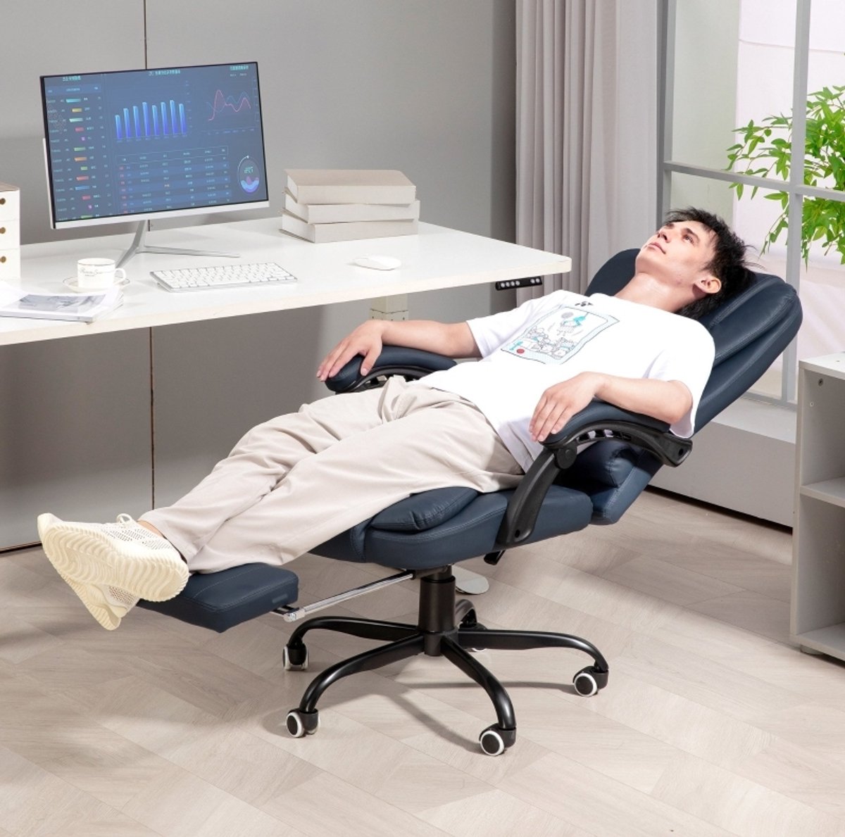 COVREO Bureaustoel massage, 67 x 67 x 111-121 cm, blauw leer, voetsteun