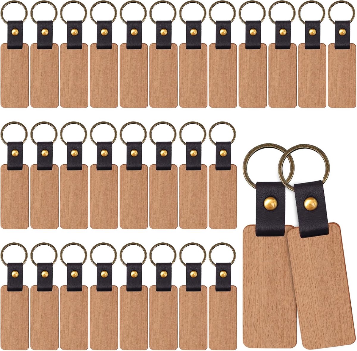 30 stuks houten sleutelringen, onbewerkte houten sleutelhangers, rechthoekige sleutelhangers, houten sleutelhangers, blanco voor doe-het-zelf gravure, beschilderen