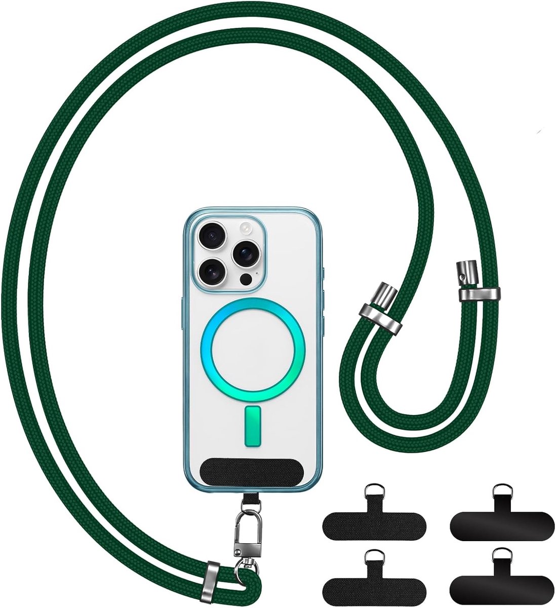 Telefoonlanyard, Verstelbare Nylon Telefoonband met 4 Patches Compatibel met Alle Smartphones Met Hoesjes voor Buitenactiviteiten, Reizen en Onderweg (Donkergroen)