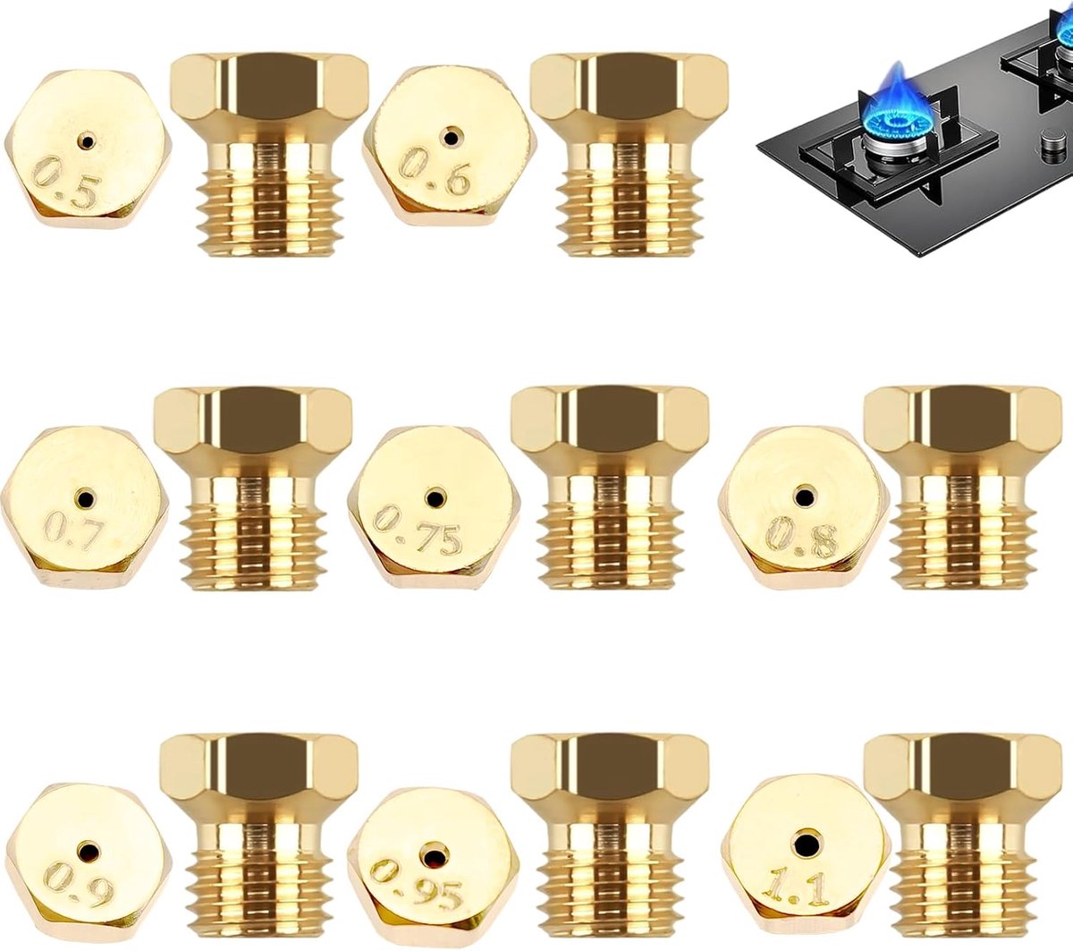 16 stuks propaangasbrander mondstukken, 0,5/0,6/0,7/0,75/0,8/0,9/0,95/1,1 mm gas mondstukken, messing gasfornuis mondstukken voor propaangas, M6×0,75 schroefdraad, gasmondstukken voor