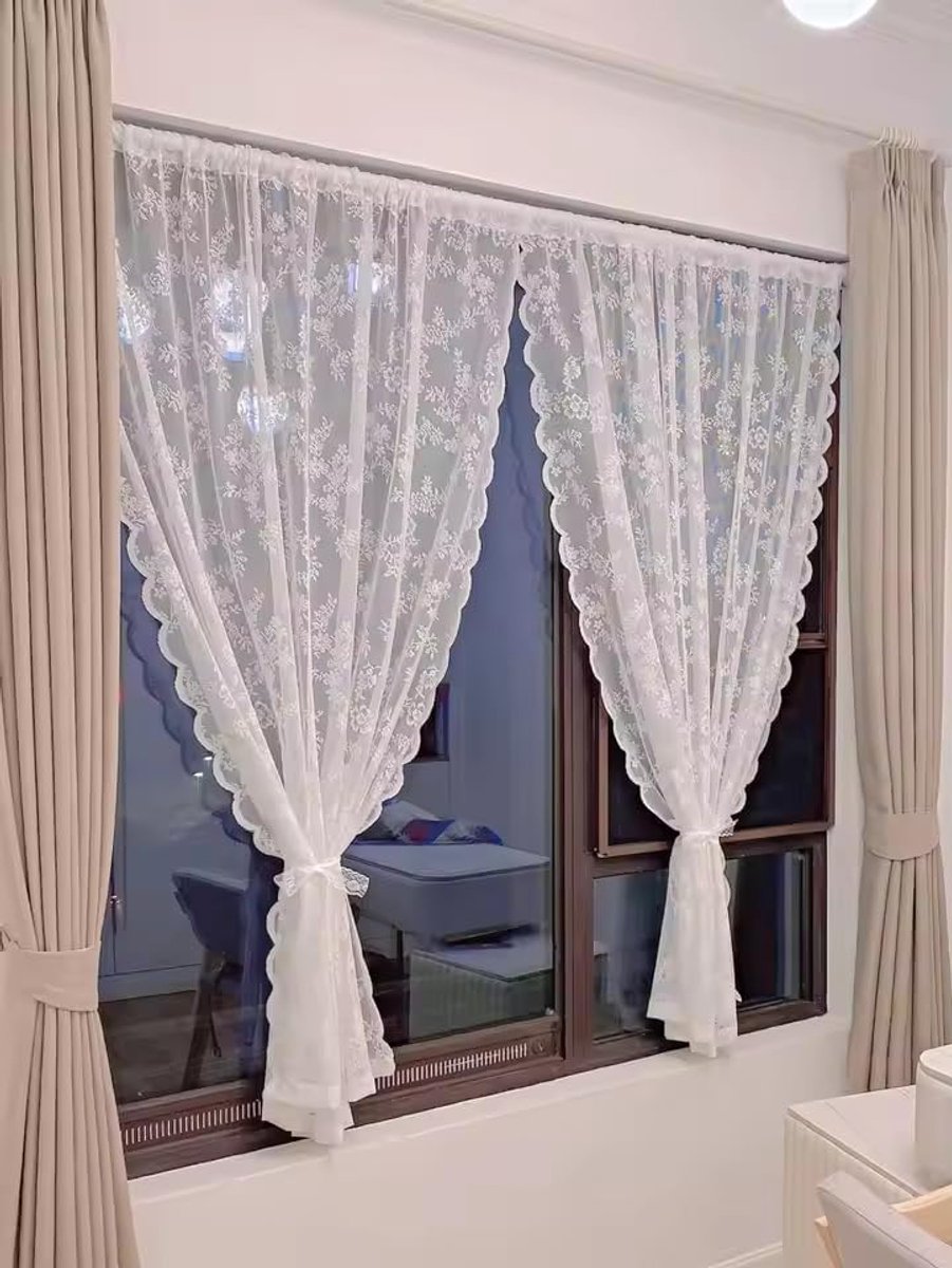 Gordijn van witte kant met bloemenborduurwerk - Borduurkant gordijn voor de woonkamer, slaapkamer, huwelijksdecoratie - 70x120 cm (2 stuks)