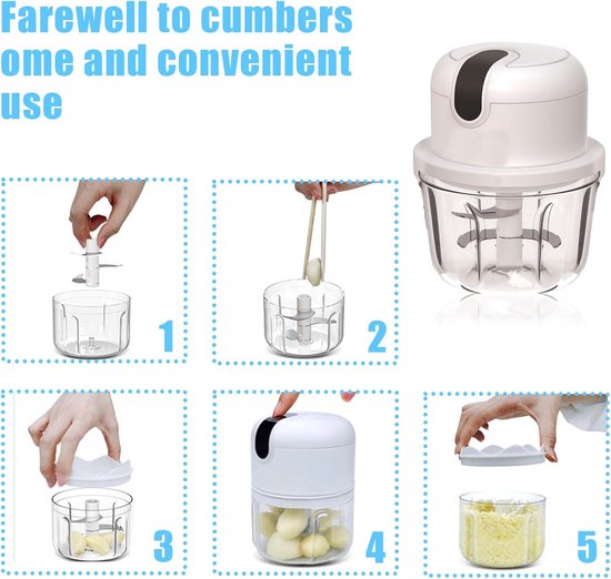 Mini keukenmachine 100 ml, 250 ml, 300 ml, elektrische groentesnijder met 3 scherpe messen, multifunctionele knoflookpers voor groenten, fruit, vlees van MINI — afbeelding 4