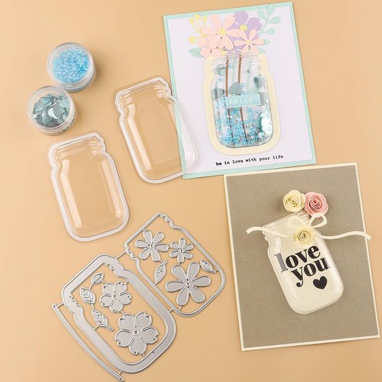 100 stuks doorzichtige plastic potten en 13 bloemensnijmatrijzen voor het maken van kaarten, koepels, shakers, transparante kunststof ramen voor het schudden van matrijzen — afbeelding 3