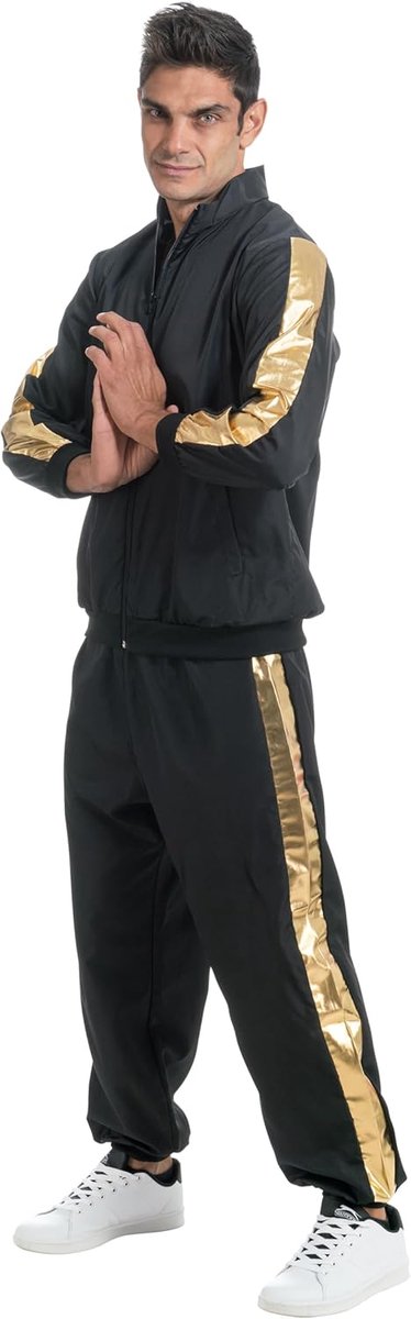- Rapper-kostuum trainingspak, 2-delig joggingpak | Jasje en broek met gouden strepen, rapper-outfit uit de jaren 80 voor carnaval, festivals en themafeesten